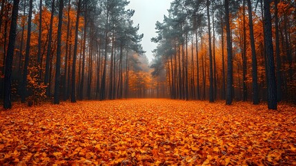 Wall Mural - Misty Autumn Forest Landscape with Golden Leaves Carpeting the Ground