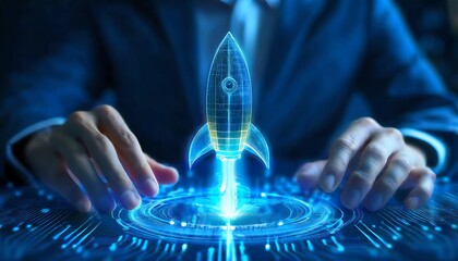 Poster - A businessman interacts with a holographic rocket, symbolizing innovation, technology, and future aspirations in a digital realm.