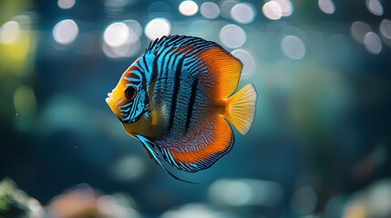 Wall Mural - Vibrant School of Discus Fish Gliding Through Aquarium Tank with Stunning Patterns