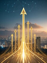Poster - A city skyline with a large arrow pointing upwards