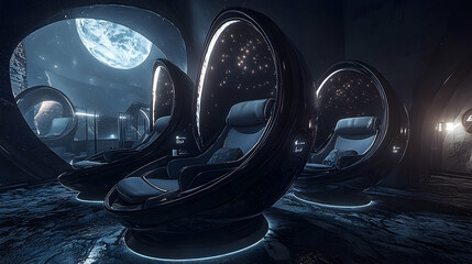 Wall Mural - futuristic lounge chairs in lunar base with moon view; relaxation, space travel concept.