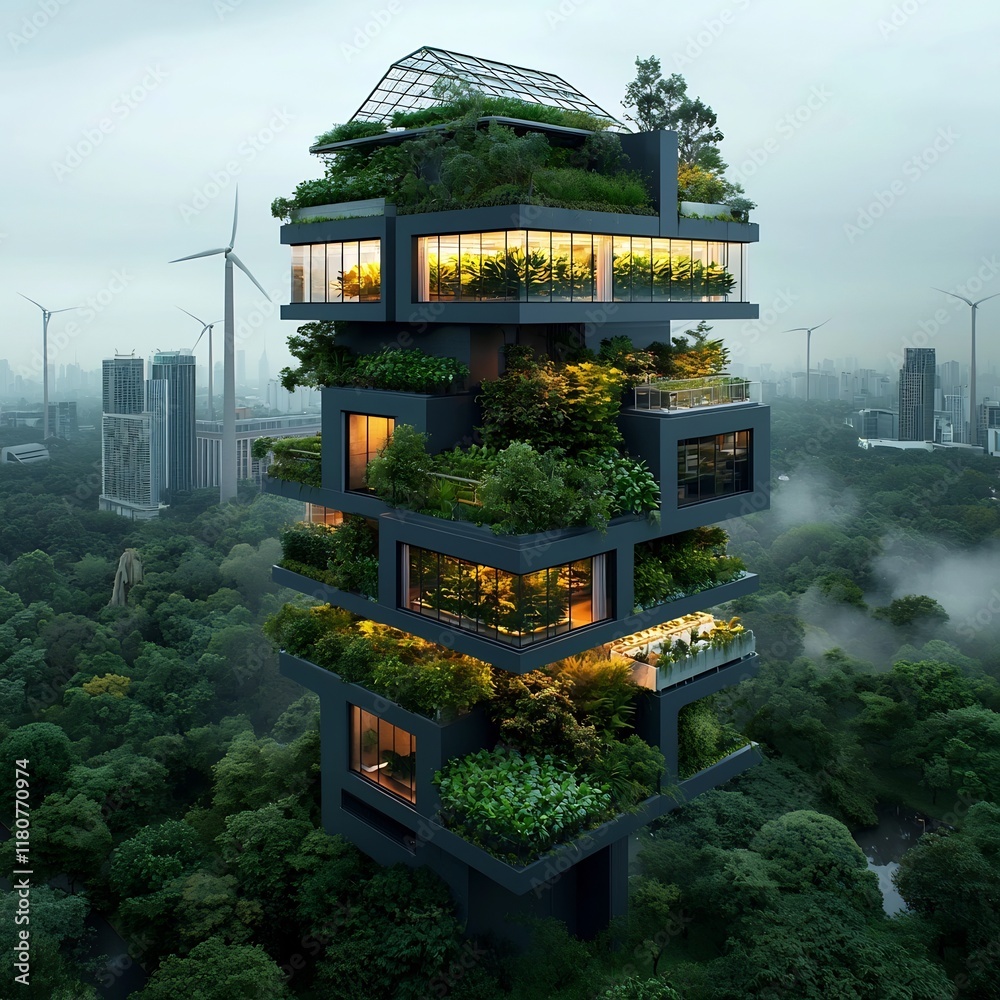 Stock-Illustration „Towering biophilic green high rise with thriving ...