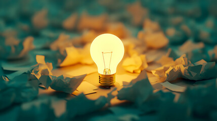 Poster - A glowing light bulb surrounded by crumpled paper, symbolizing creativity and ideas emerging from chaos.