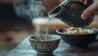 © nahwul - Pouring Hot Sake, A Moment of Tranquility and Warmth with Traditional Japanese Vessels, capturing the essence of a comforting and ritualistic experience,