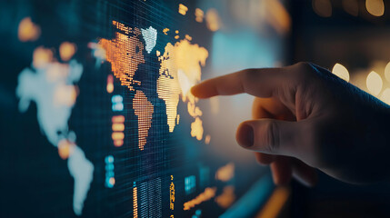 Aufkleber - A close-up of a hand interacting with a digital world map display, highlighting global data visualization and technological engagement.