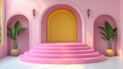Poster - Pink and Yellow Architectural Interior with Plants and Circular Steps