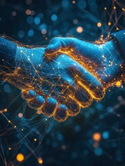 Poster - Digital handshake, A network of connections and collaboration forged through technology and partnership, creating a unified and interconnected future,