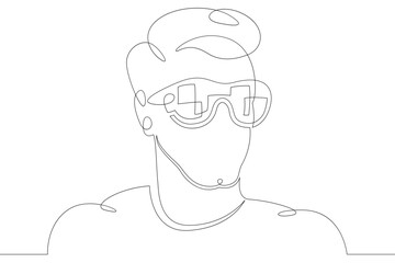 Poster - Male character head wearing augmented reality glasses. High tech gaming industry. Mobile technologies of education. One continuous drawing line  logo single hand drawn art doodle isolated minimal 