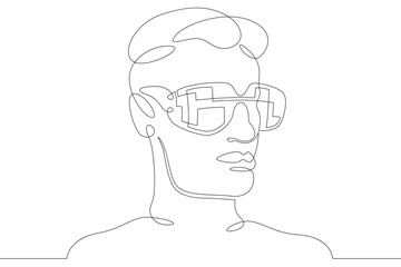 Poster - Male character head wearing augmented reality glasses. High tech gaming industry. Mobile technologies of education. One continuous drawing line  logo single hand drawn art doodle isolated minimal 