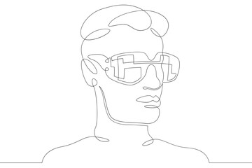 Poster - Male character head wearing augmented reality glasses. High tech gaming industry. Mobile technologies of education. One continuous drawing line  logo single hand drawn art doodle isolated minimal 