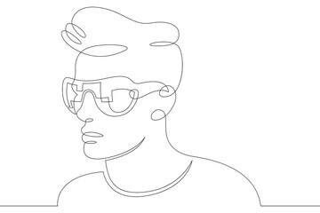 Poster - Male character head wearing augmented reality glasses. High tech gaming industry. Mobile technologies of education. One continuous drawing line  logo single hand drawn art doodle isolated minimal 