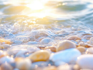 Poster - Gentle waves lap against smooth pebbles, creating serene coastal scene. sunlight glimmers on water surface, enhancing tranquil atmosphere