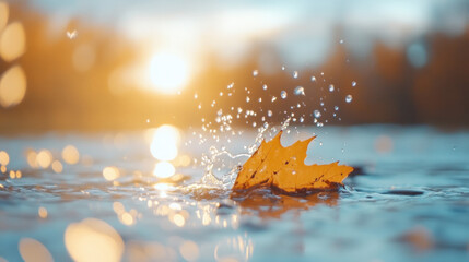 Aufkleber - leaf splashes in water, creating ripples and droplets under sunset