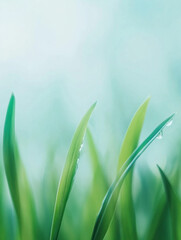 Fototapete - Fresh green grass blades with dew drops glistening in soft light