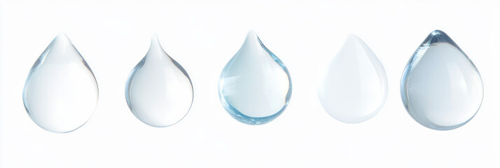 Poster - Clear water droplets in various shapes on white background, showcasing their unique forms and reflections