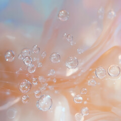 Poster - Bubbles floating in soft, pastel background create dreamy atmosphere. delicate interplay of light and color enhances serene feel