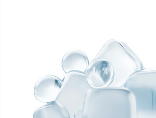 Aufkleber - Clear ice cubes and spheres stacked together on white background, creating refreshing and cool visual effect