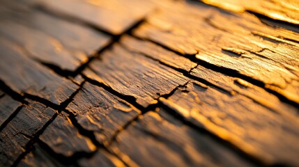 Wall Mural - Close-up of textured wood with warm light highlighting its cracks and grooves.