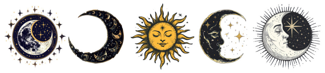 Wall Mural - png celestial sun moon art designs, element set on transparent background
