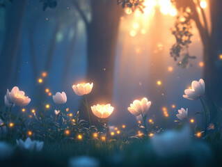 Poster - serene forest scene with glowing flowers and soft light. enchanting atmosphere evokes sense of tranquility and wonder