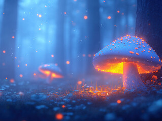 Poster - glowing mushroom in mystical forest, surrounded by blue mist and soft light. enchanting scene evokes sense of wonder and magic