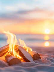 Poster - warm campfire burns on beach at sunset, creating cozy atmosphere