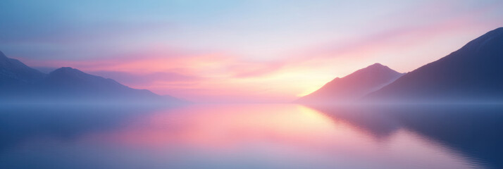 Poster - serene landscape at sunrise with mountains reflecting in calm water