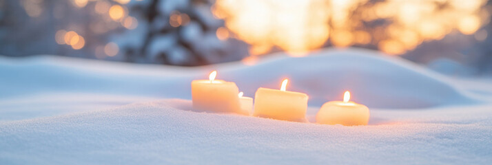 Poster - Softly glowing candles in snow create serene winter atmosphere at sunset