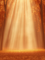 Poster - serene forest scene with golden sunlight filtering through trees, creating warm atmosphere