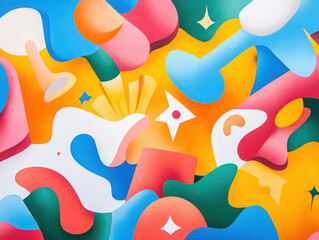 Poster - Bright abstract mural with colorful shapes and patterns, featuring vibrant hues and playful forms