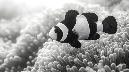 Wall Mural - Striking Monochrome Clownfish Swimming Amidst Waving Sea Anemone Tentacles