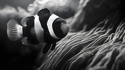 Wall Mural - Striking Monochrome Clownfish Amidst Waving Anemone Tentacles