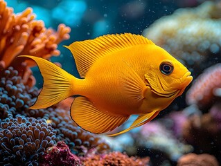Wall Mural - Bright Yellow Tang Fish Gliding Through Vibrant Coral Marine Aquarium