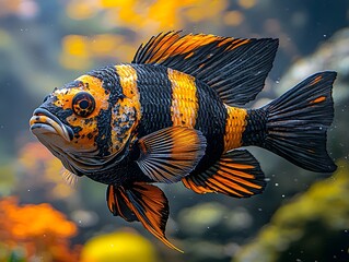 Wall Mural - Mesmerizing Black and Orange Oscar Fish Swimming in Aquarium with Rock Formations