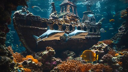 Wall Mural - Serene Underwater Moment with Balas Sharks Gliding Near Shipwreck Aquarium Ornament