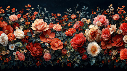 Wall Mural - Lush arrangement of coral, peach, and white roses and blossoms.