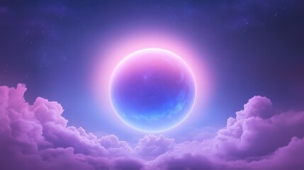 Wall Mural - A large, glowing, purple and blue planet is surrounded by a cloudy sky