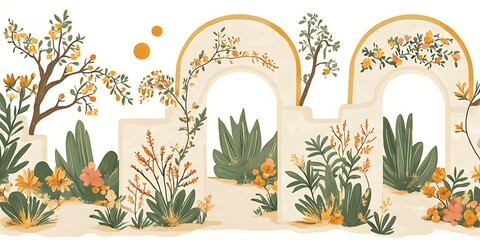Garden archway with blooming flowers, plants, and trees.  Home decor, website banner.