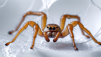 Close-up of a brown spider on its web.