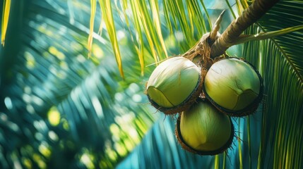 Wall Mural - Close-up of coconuts on a palm tree branch, vibrant green foliage background.