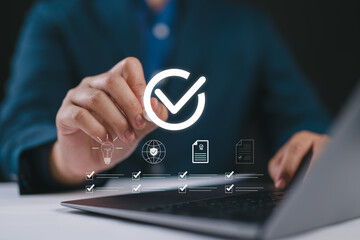 Poster - Quality control certification, check guarantee of standard of company product. Concept on virtual screen. Standardization, certification concept. Compliance to regulations and standards.
