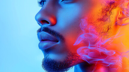 Wall Mural - Close-up profile of a young man's face with colorful smoke.