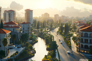 A scenic urban landscape with buildings, greenery, and a winding road at sunset.