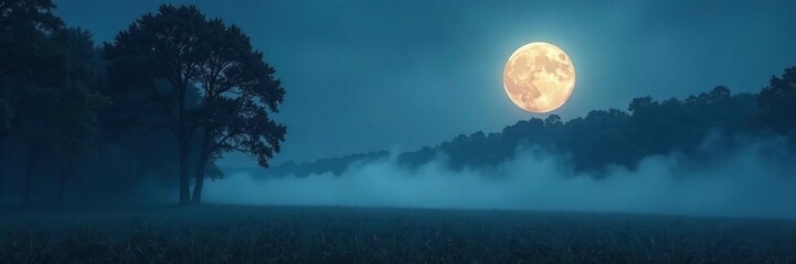 Wall Mural - Luminous moon casts eerie glow on foggy forest field, stillness, misty, shadows
