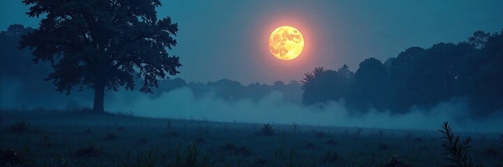 Wall Mural - Luminous moon casts eerie glow on foggy forest field, forest, moon, shadows