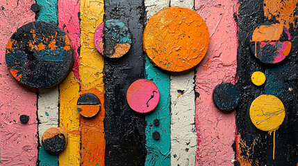 Wall Mural - Abstract colorful circles on textured striped background.