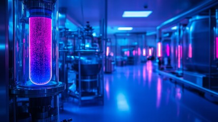 Poster - Massive bioreactor chamber producing glowing synthetic tissues in a sterile industrial environment