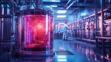 Poster - Massive bioreactor chamber producing glowing synthetic tissues in a sterile industrial environment