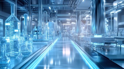 Poster - Massive futuristic pharmaceutical lab with glowing automated chemical mixing systems