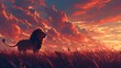 © FiDIO - A majestic lion stands beneath a fiery sky, bathed in warm hues of red and orange. Its regal presence contrasts with the intense backdrop, creating a surreal and captivating scene.